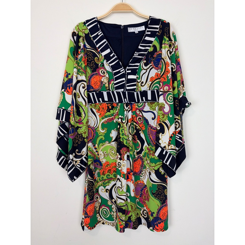 Trina Turk Abstract Print Colorful Kimono Sleeve Tunic Caftan Dress Sz 2 Resort